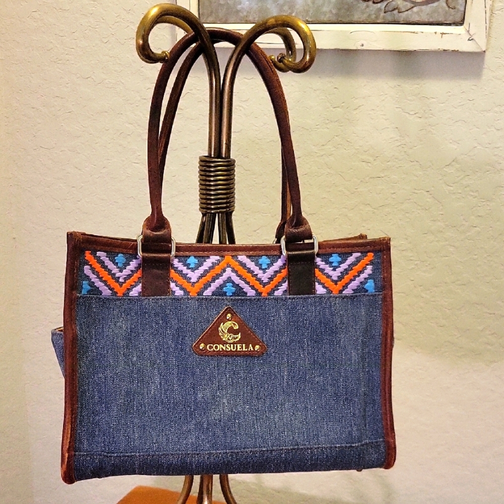 Consuela Blue Denim Leather Embroidered Shoulder Handbag
